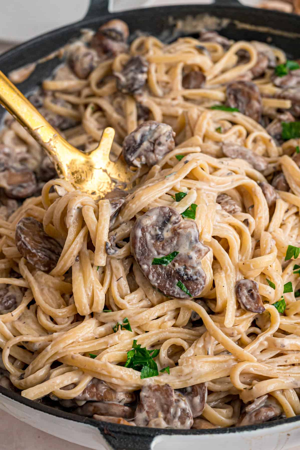 Ready in just 35 minutes, this Creamy Mushroom Pasta looks like a fancy restaurant dish but is easy enough to whip up on busy weeknights. A fork twirling mushroom pasta