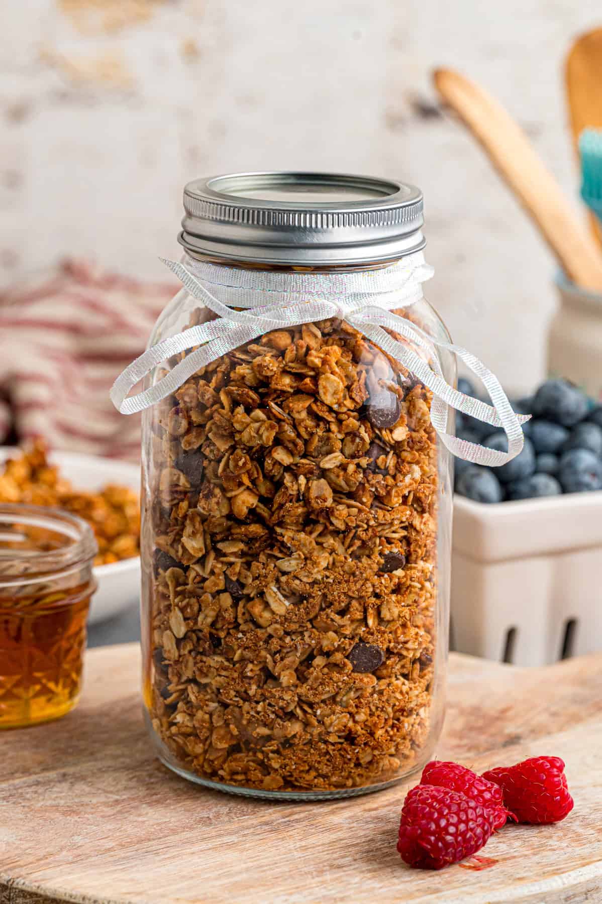 A jar of peanut butter granola