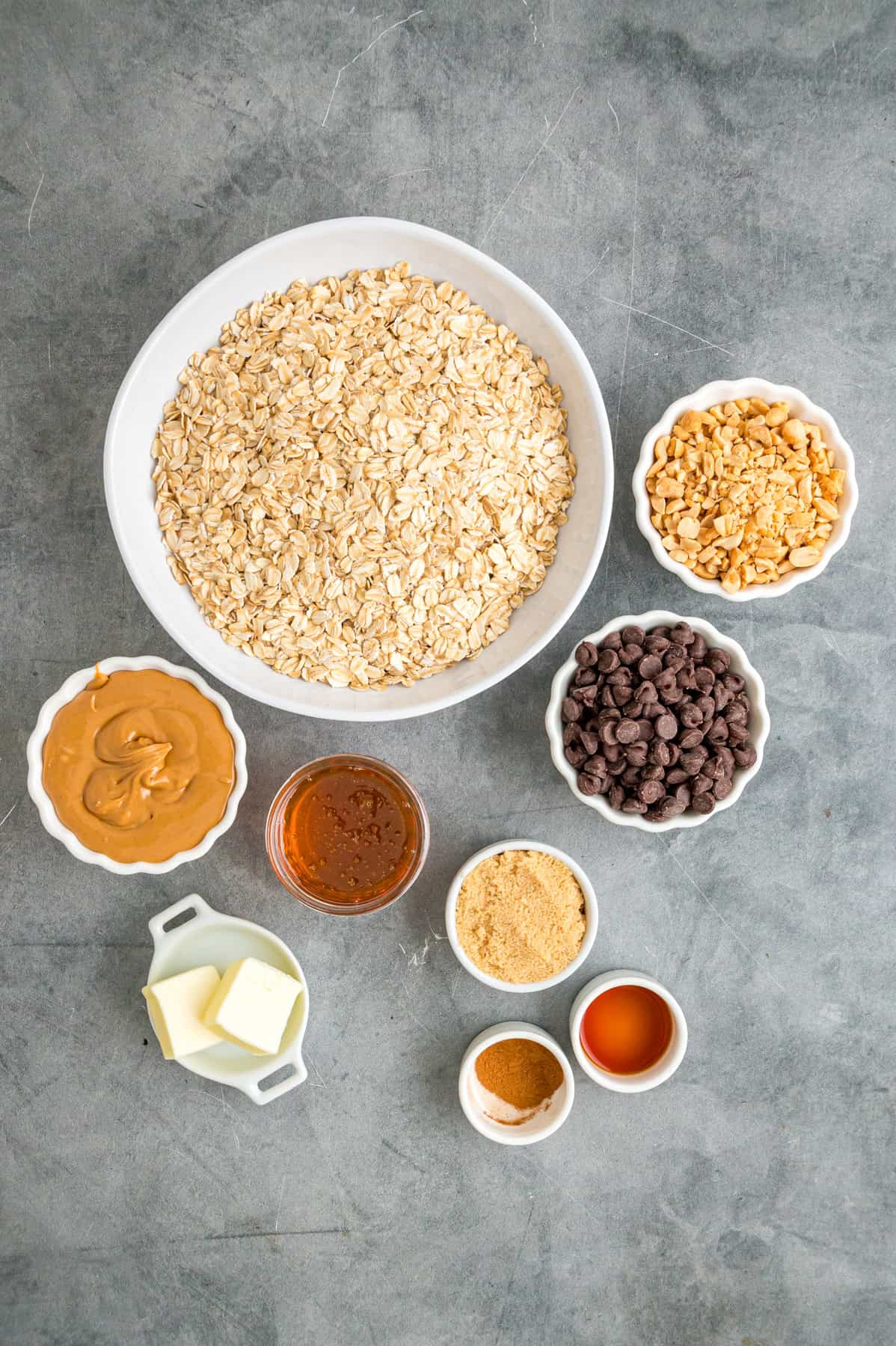 Sweet, nutty, and crunchy, this Peanut Butter Granola is better than anything that can be bought at the store! Overhead view of ingredients needed to make peanut butter granola