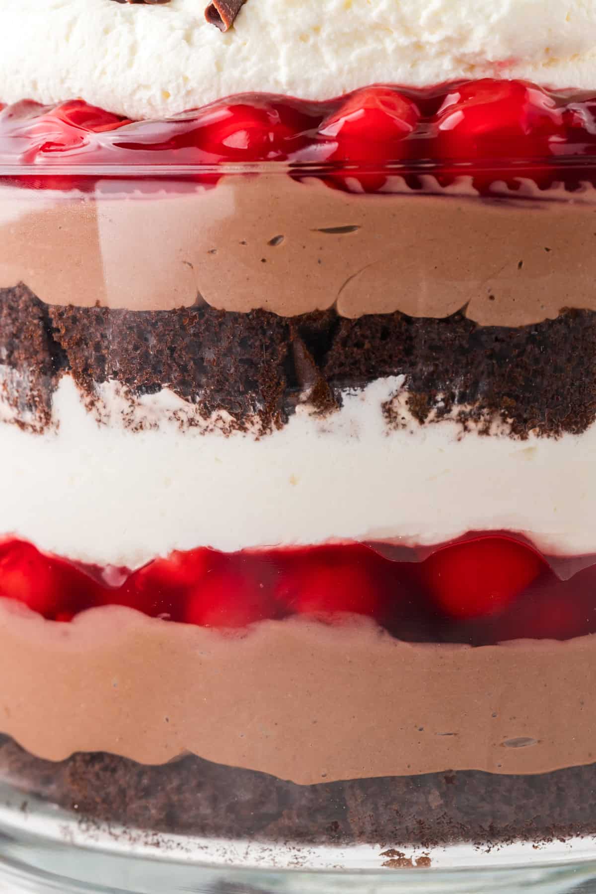 Rich devil’s food cake, cherry pie filling, and homemade whipped cream are layered to make this impressive yet easy Black Forest Trifle. Close up of the layers in a black forest trifle