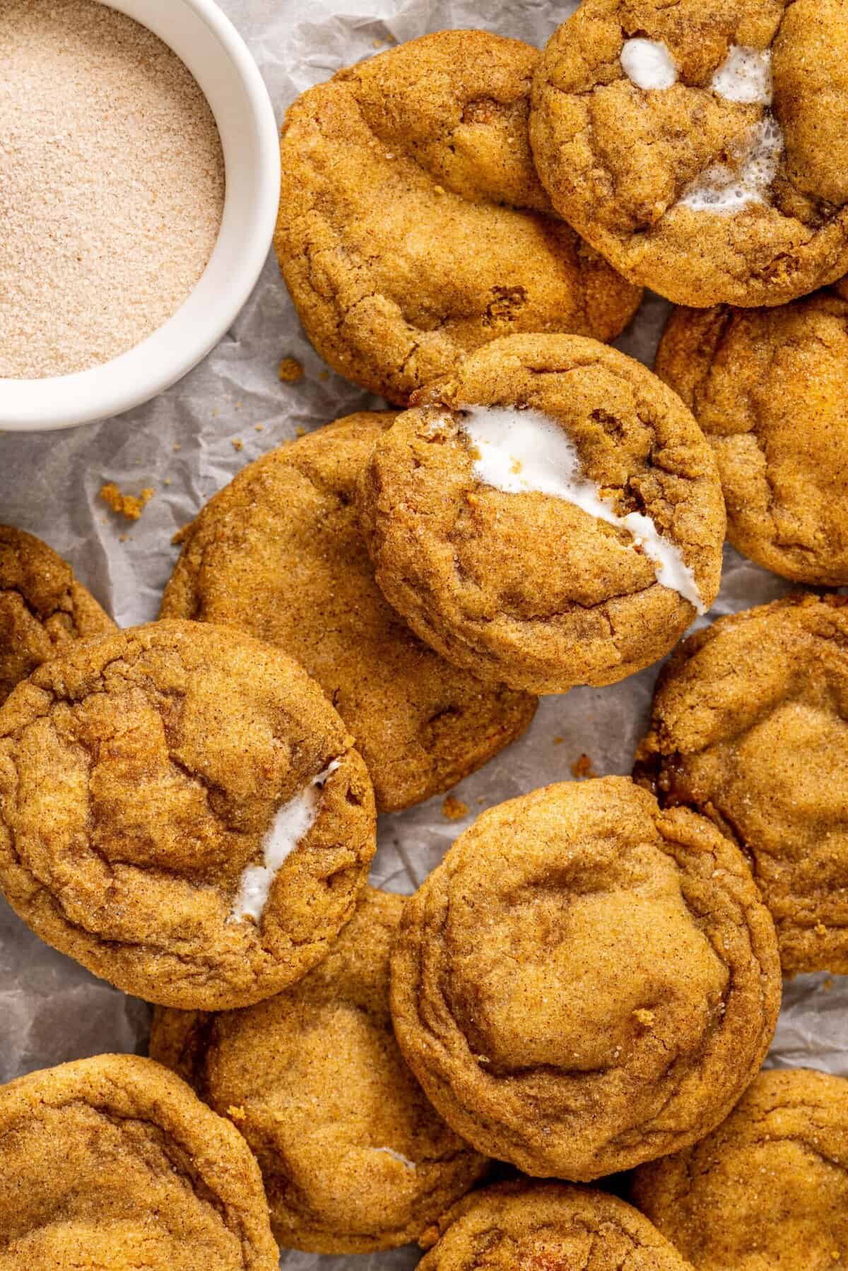 Overhead view of sweet potato cookies on the counter