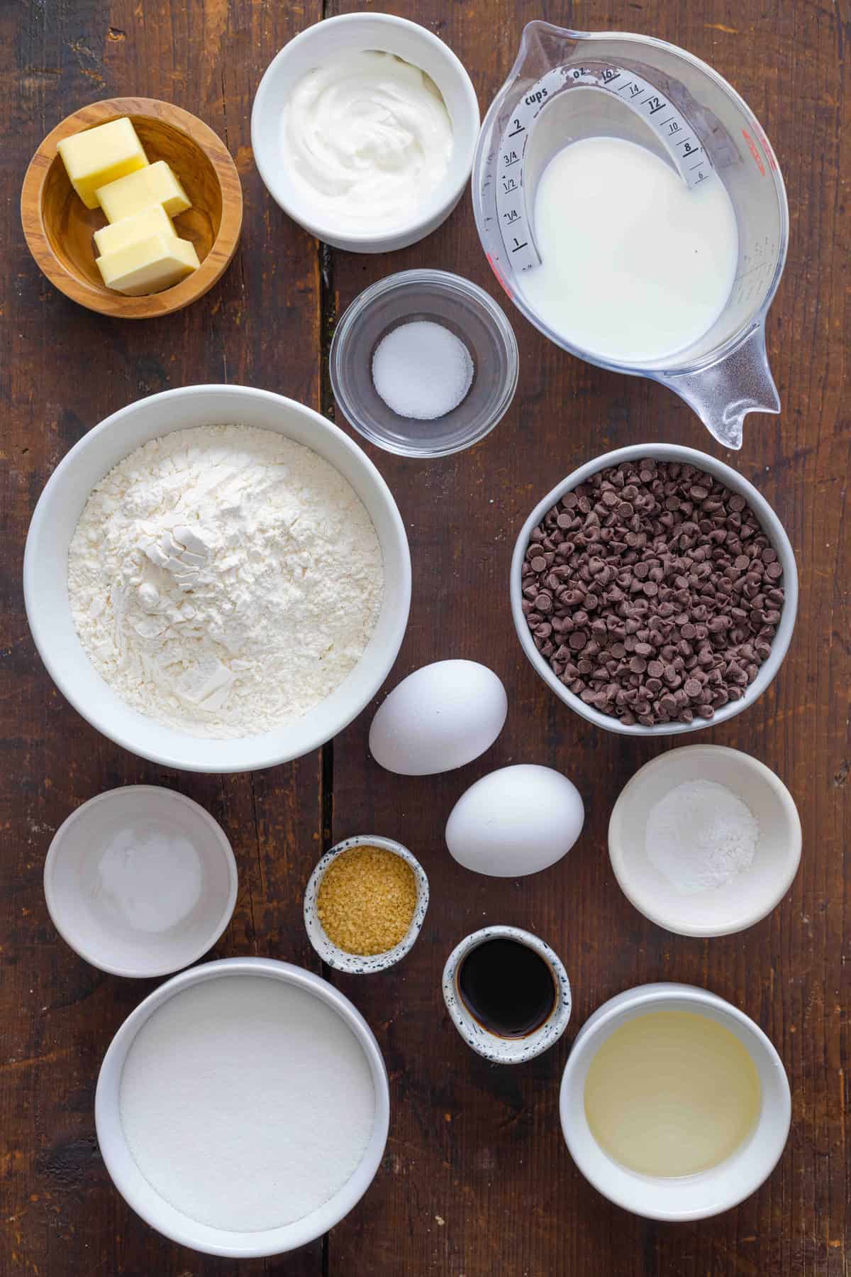 Overhead view of ingredients needed to make chocolate chip muffins