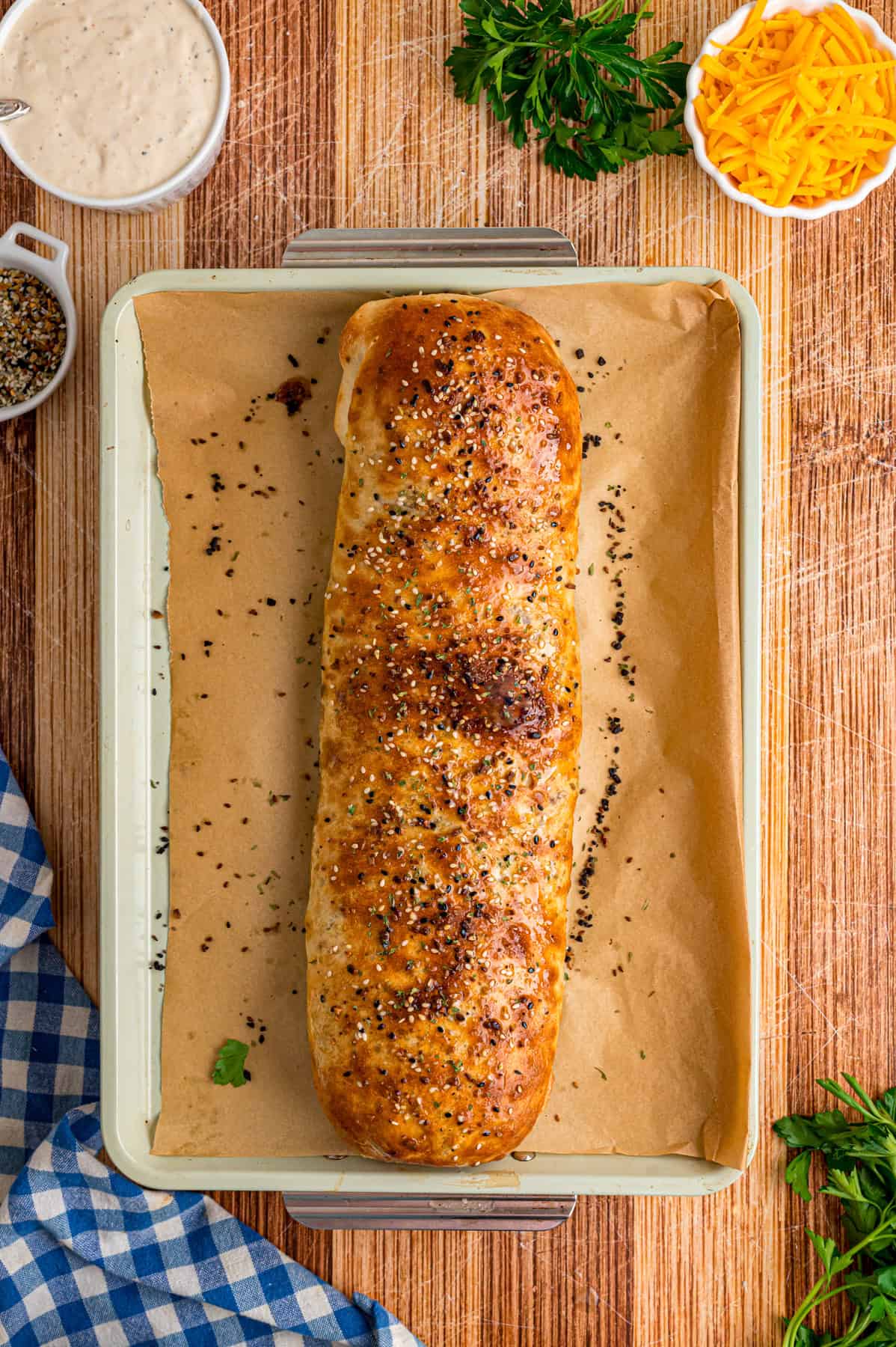 Baked garbage bread on a baking sheet