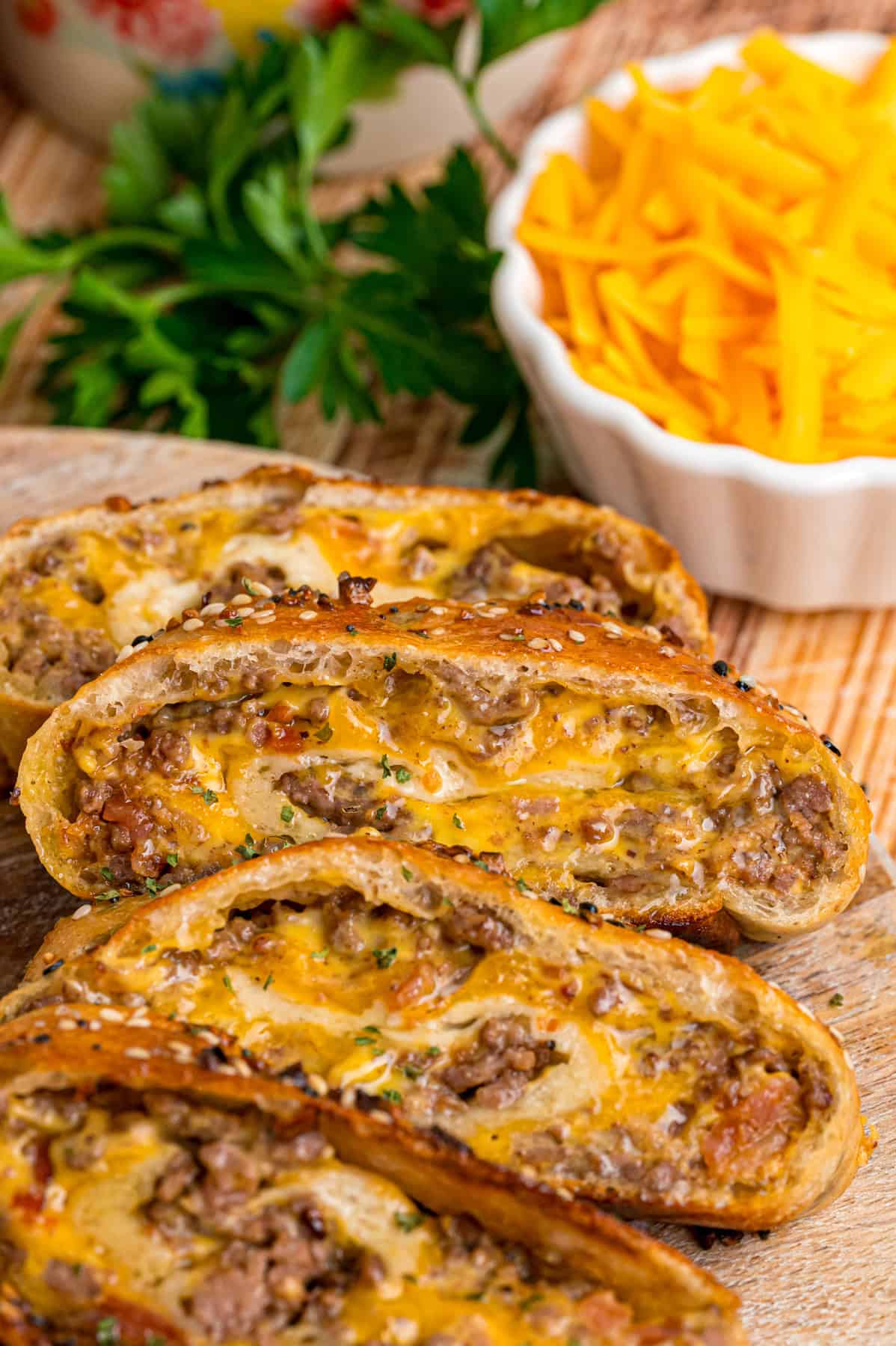 Slices of garbage bread on a cutting board