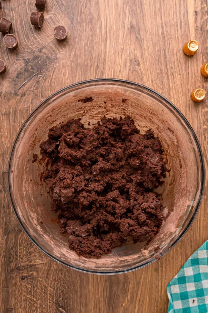 Chocolate cookie dough in a glass bowl