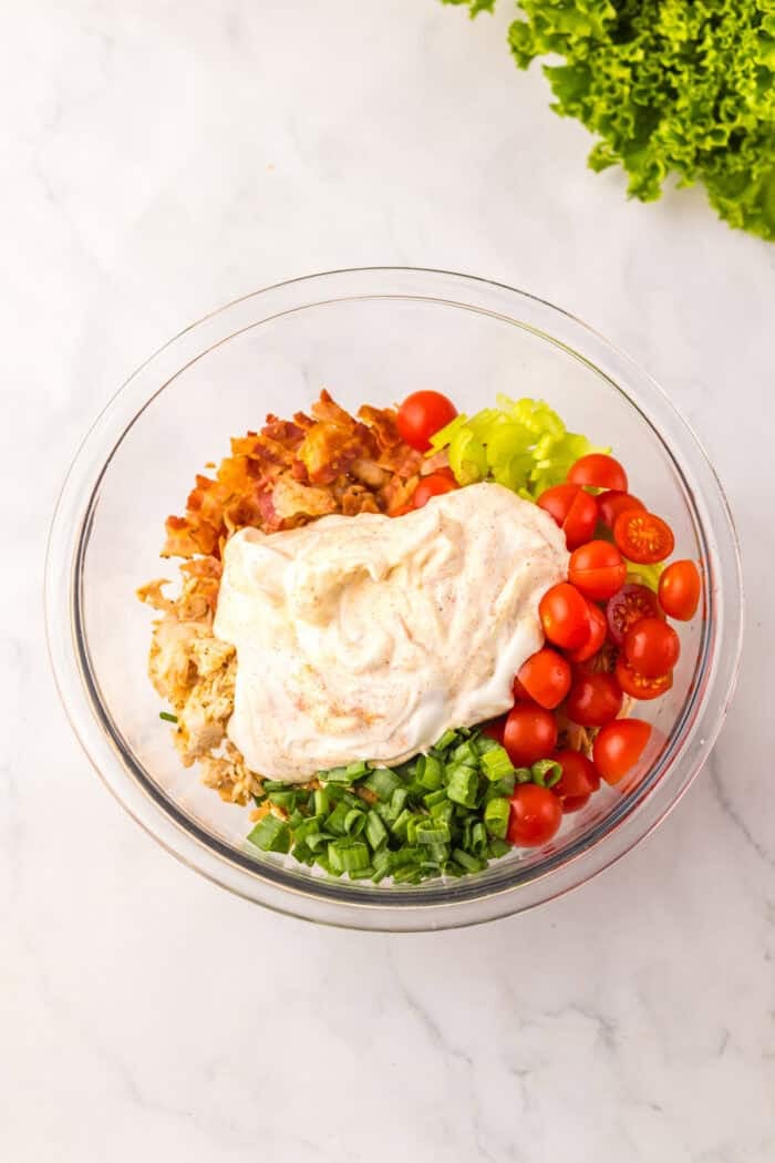 Full of tender chicken, crispy bacon, and tomatoes tossed in a creamy dressing, this BLT Chicken Salad is ready in just 5 minutes. Mayo dressing added to the chicken ingredients