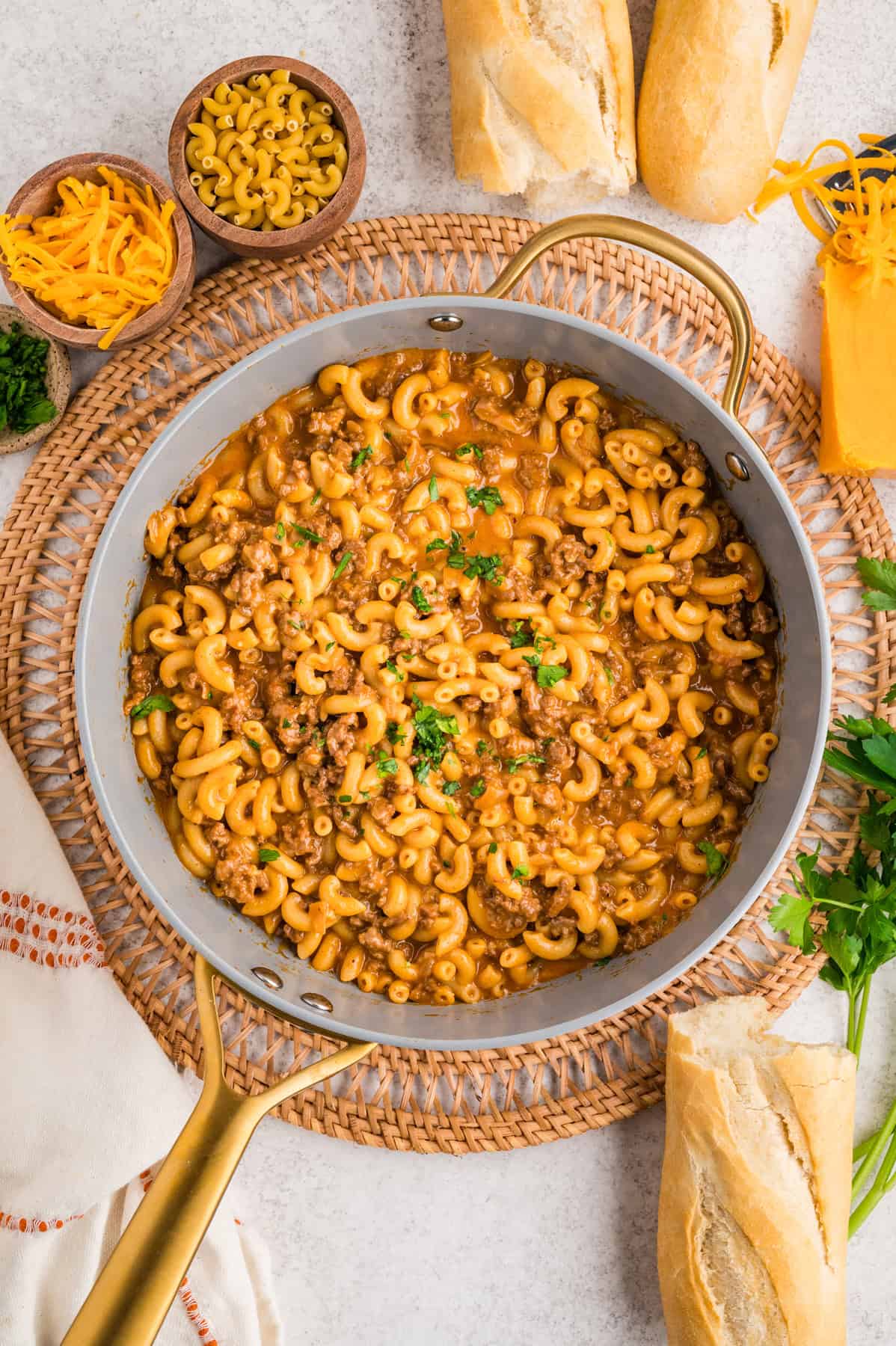 Overhead view of a pot of cheeseburger mac and cheese
