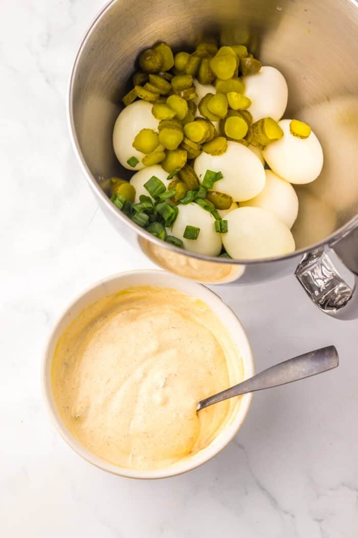 Mixing the dressing for egg salad