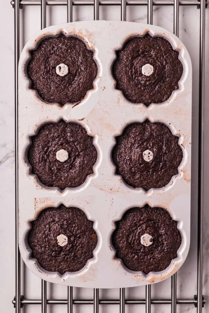 These Mini Chocolate Bundt Cakes offer a rich chocolate flavor and ultra-moist crumb in perfectly portioned, individual cakes. Freshly baked mini bundt cakes cooling in the pan