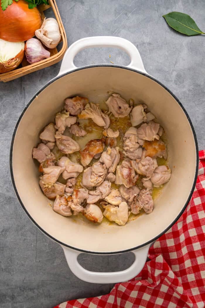 Tender pieces of chicken, potatoes, and veggies are simmered in a lightly creamy broth in this Chicken Stew recipe. Ready in an hour! Pieces of browned chicken thighs in a pot