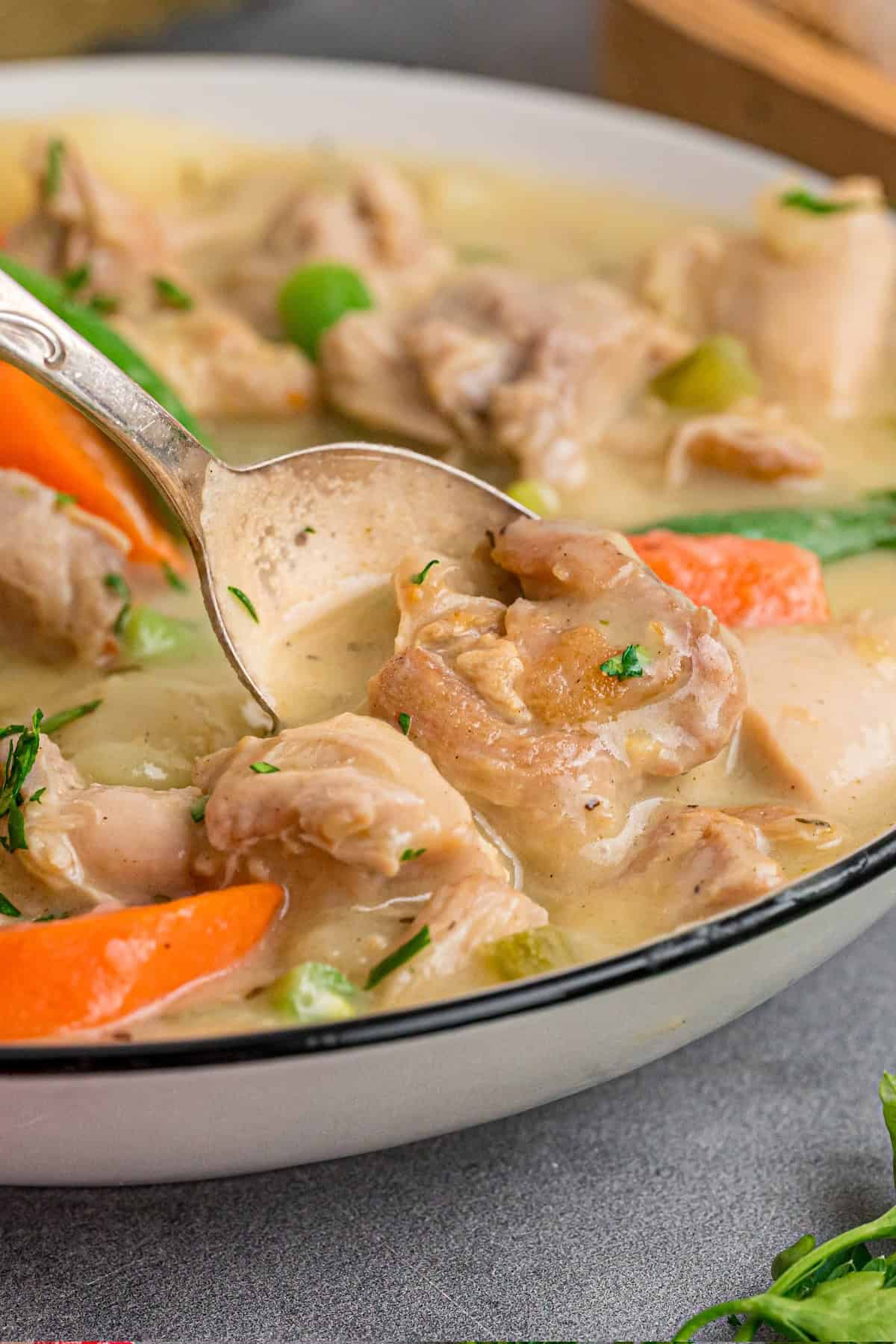 Tender pieces of chicken, potatoes, and veggies are simmered in a lightly creamy broth in this Chicken Stew recipe. Ready in an hour! Chicken Stew in a bowl with a spoon