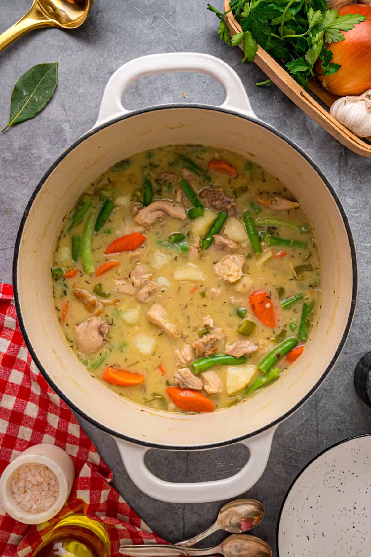 Tender pieces of chicken, potatoes, and veggies are simmered in a lightly creamy broth in this Chicken Stew recipe. Ready in an hour! Chicken Stew in a large pot