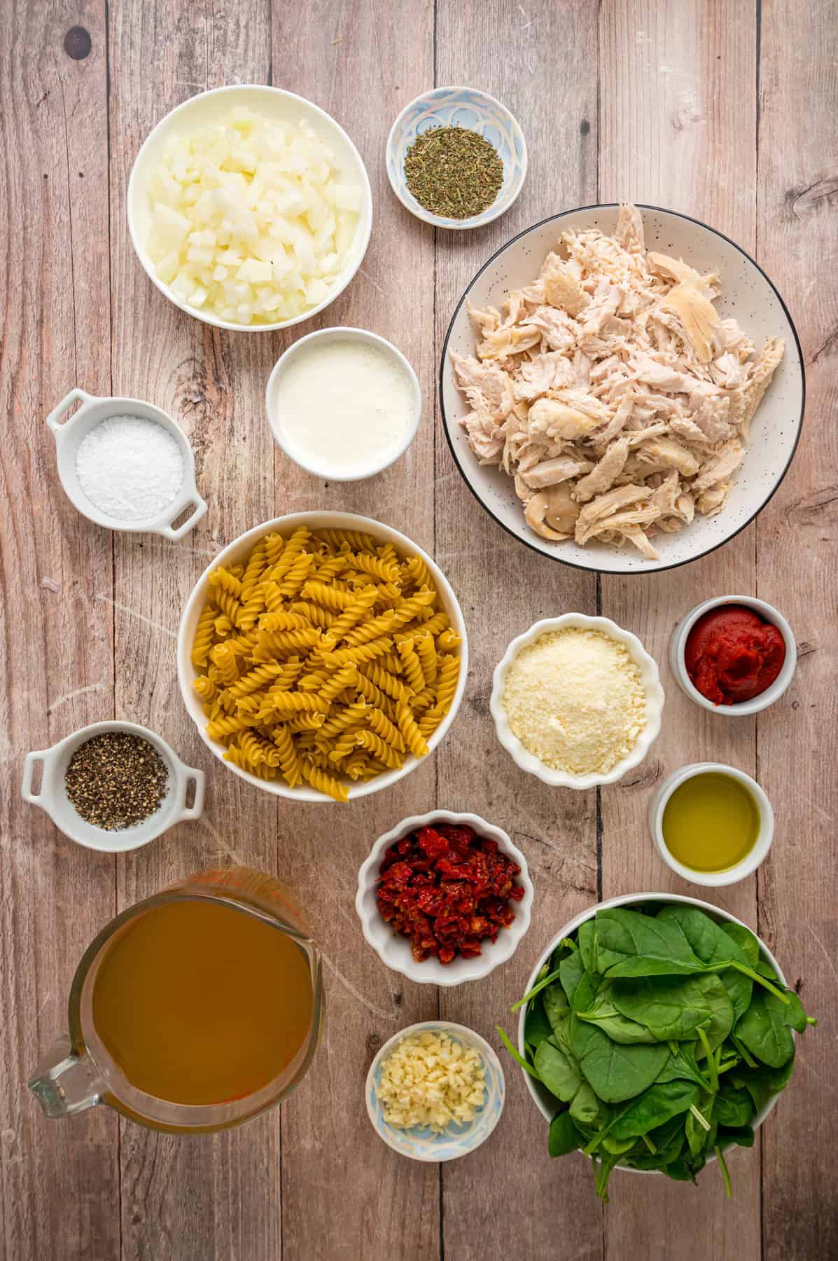 Overhead view of ingredients needed to make marry me chicken soup