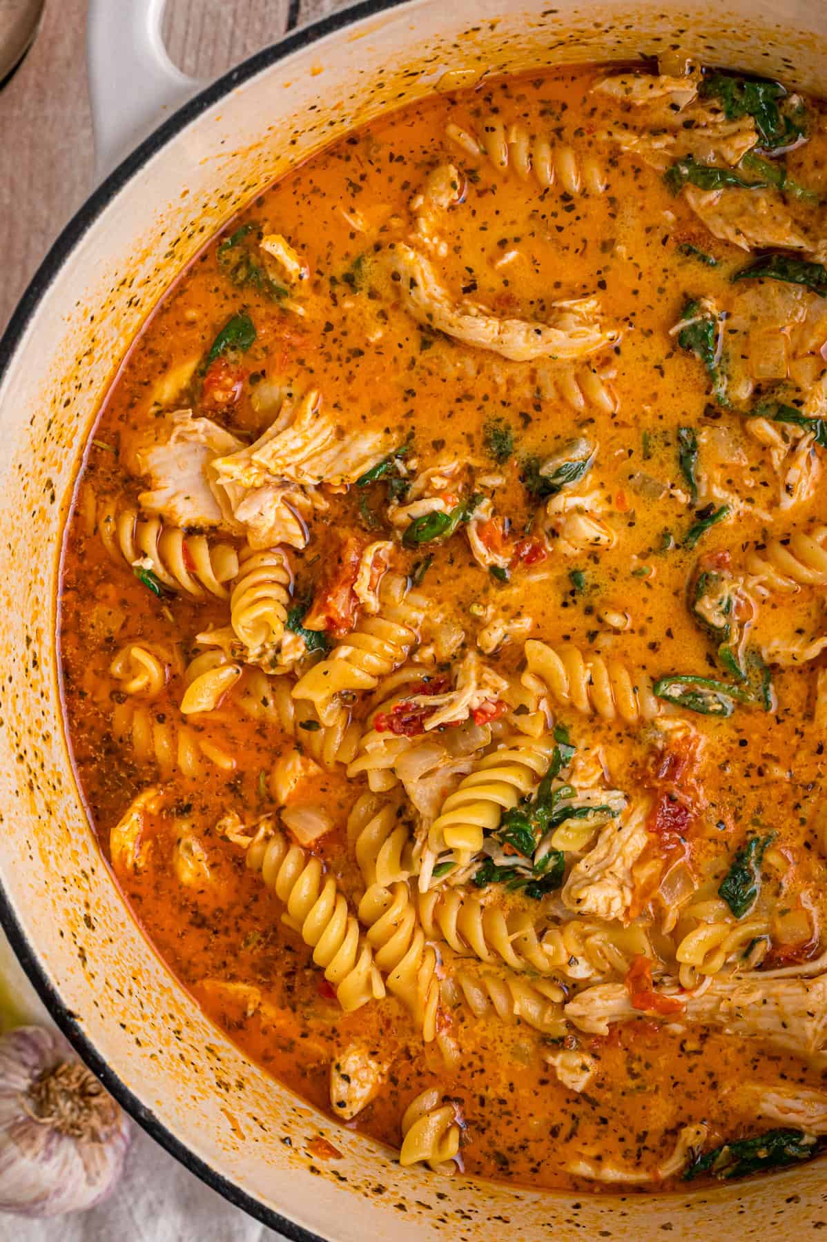 Overhead view of a pot of marry me chicken soup