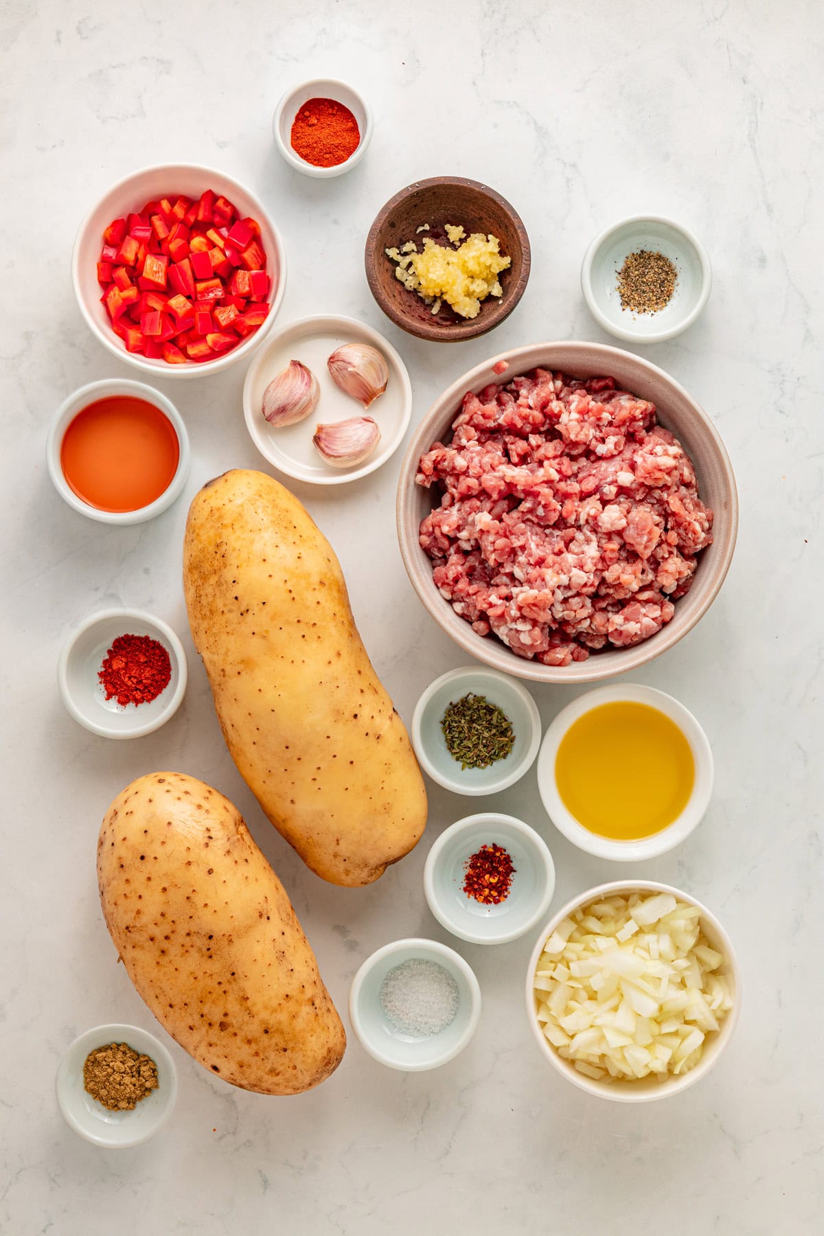 Overhead view of ingredients needed to make chorizo and potatoes