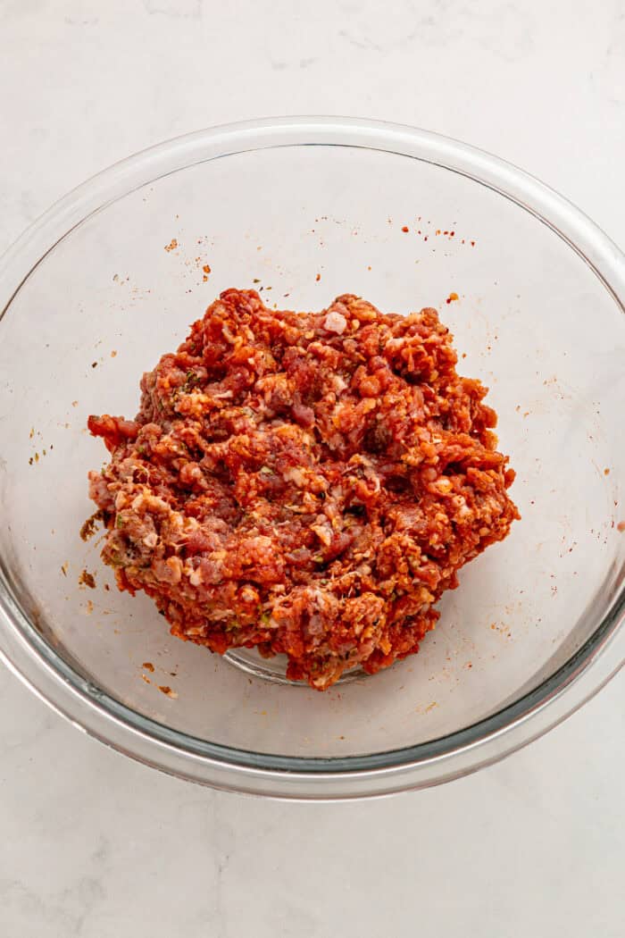 Seasoned ground pork in a bowl