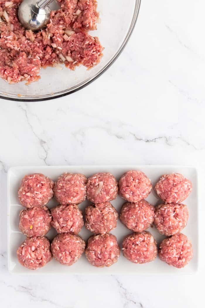 Overhead view of shaped meatballs