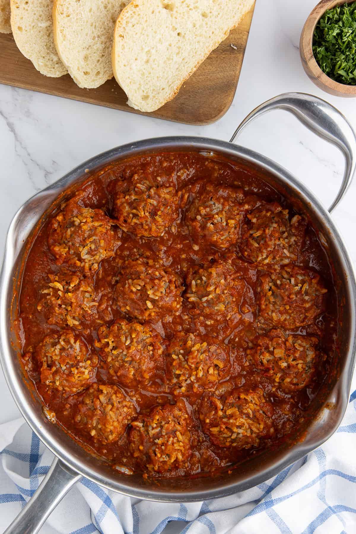 Overhead view of a pan of porcupine meatballs