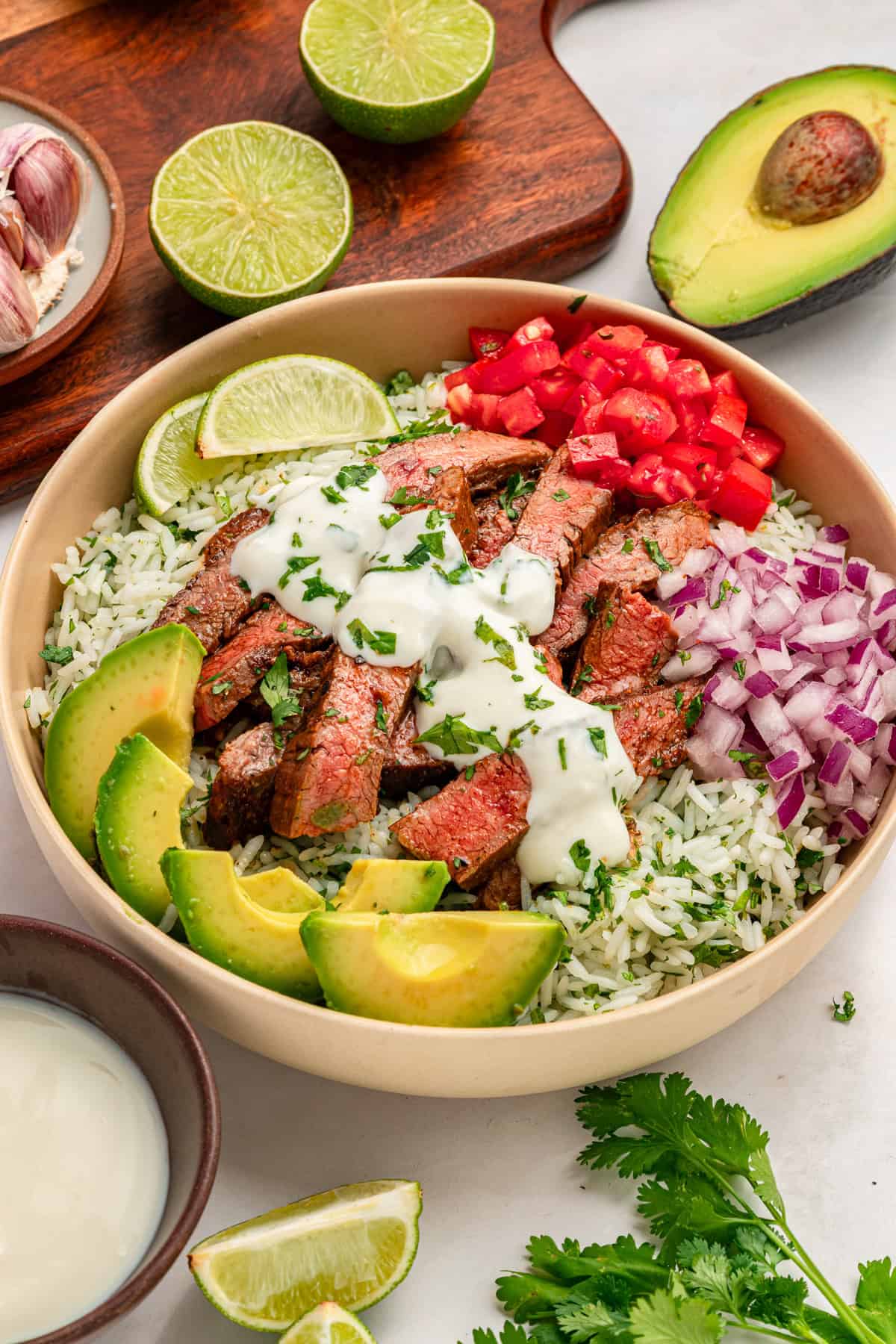 Overhead view of a steak rice bowl