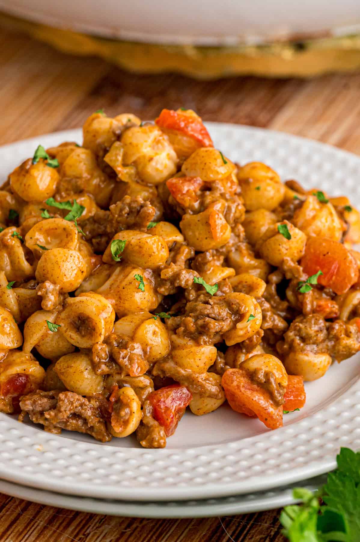 A plate of taco mac and cheese