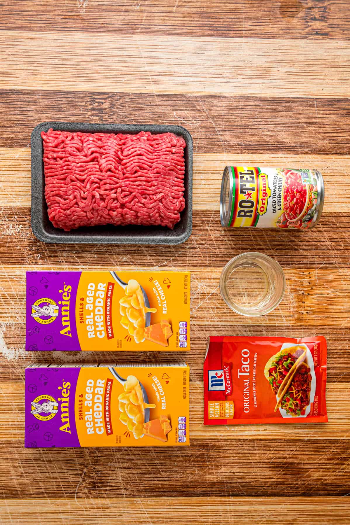 Overhead view of ingredients needed to make taco mac and cheese