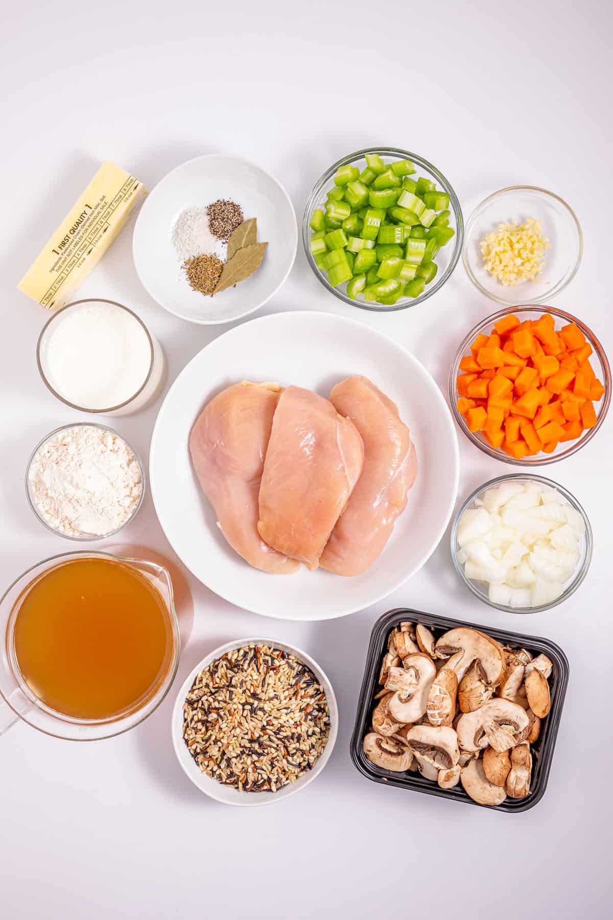 Overhead view of ingredients needed to make chicken wild rice soup