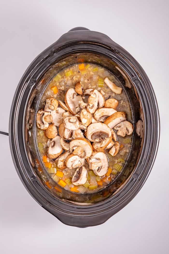 This Crock Pot Chicken Wild Rice Soup is the perfect dump & go crock pot recipe for busy weekdays. Hearty & filling. Sliced mushrooms added to the crock pot
