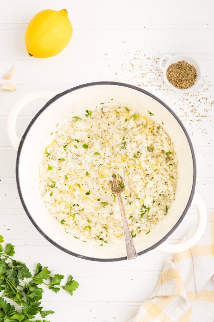 Lemon herb rice in a pan
