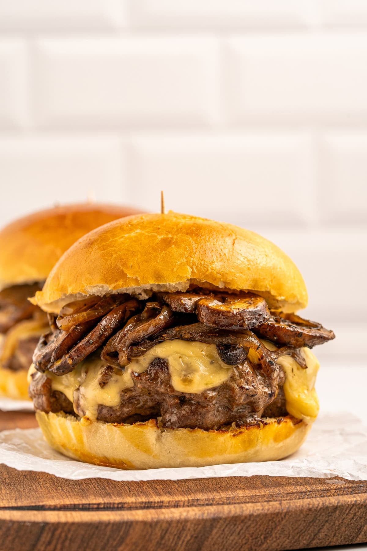Front view of a mushroom Swiss burger