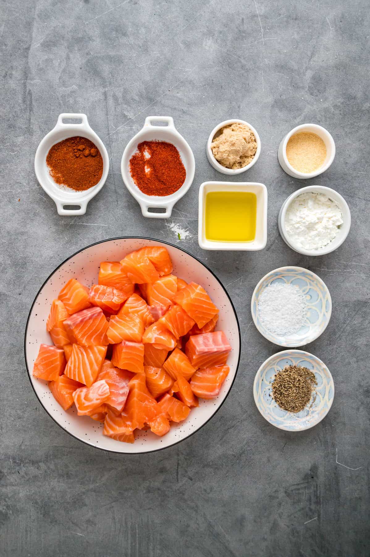 Overhead view of ingredients needed to make air fryer salmon bites