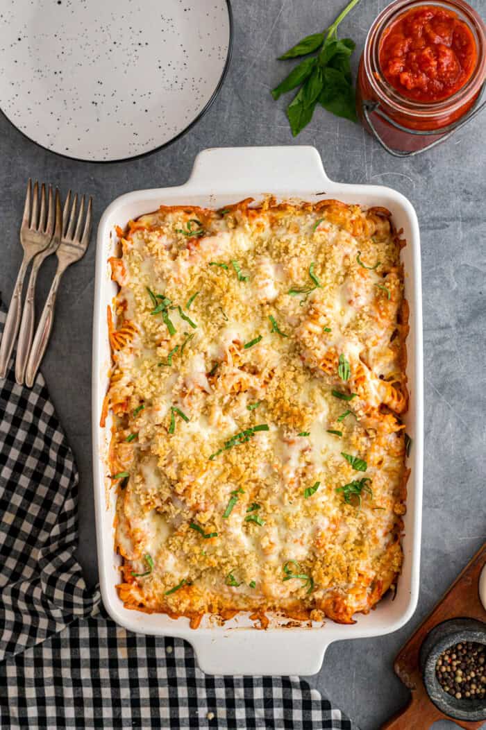 Overhead view of a baked chicken parmesan casserole
