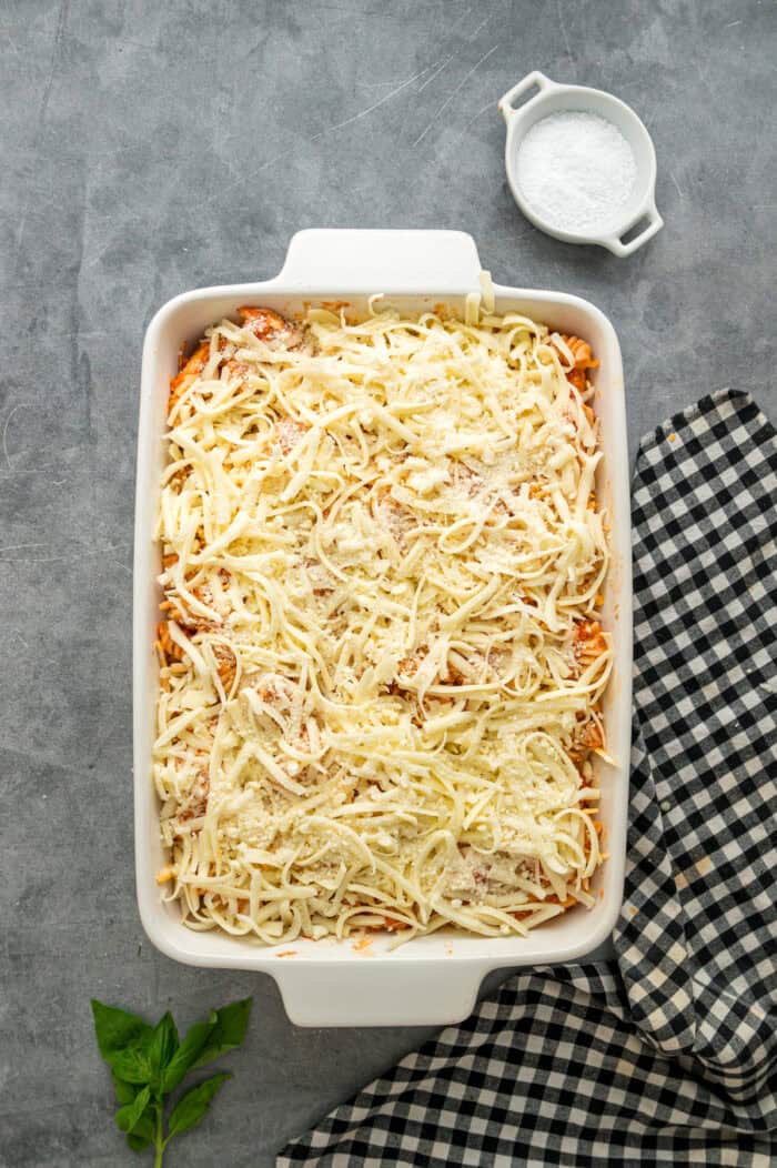 Chicken parmesan casserole ready to bake