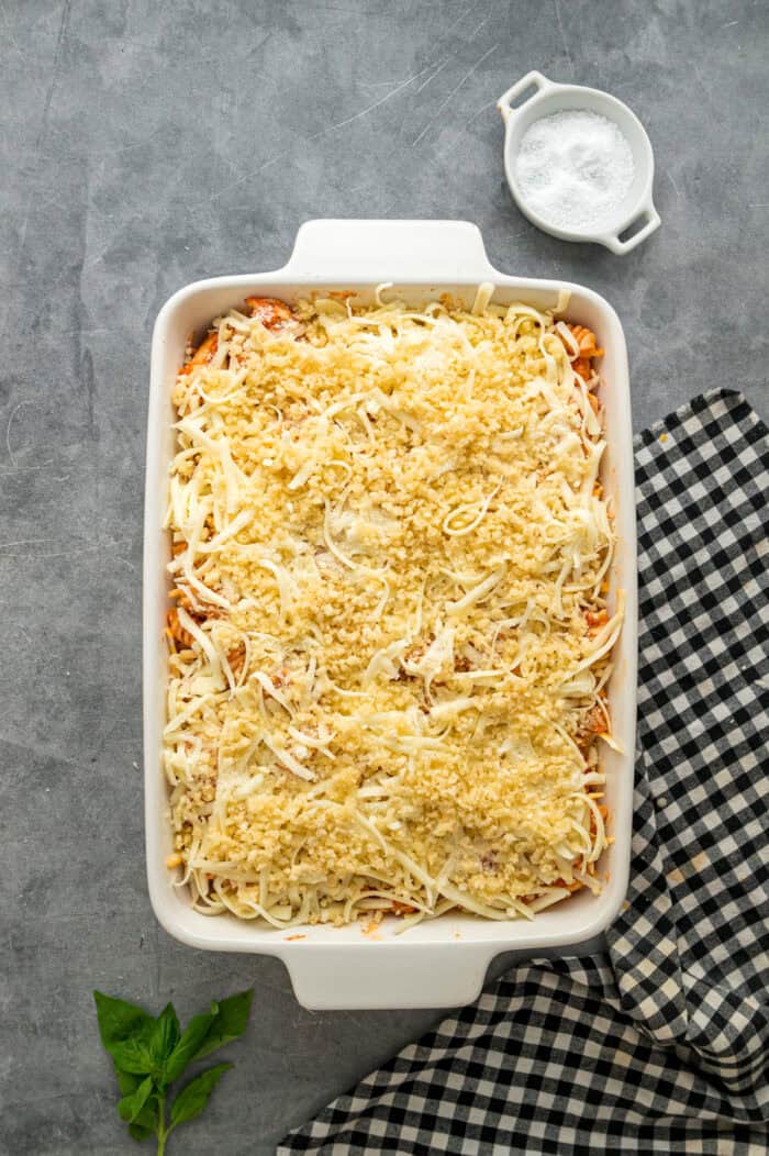 Baked chicken parmesan casserole in a baking dish