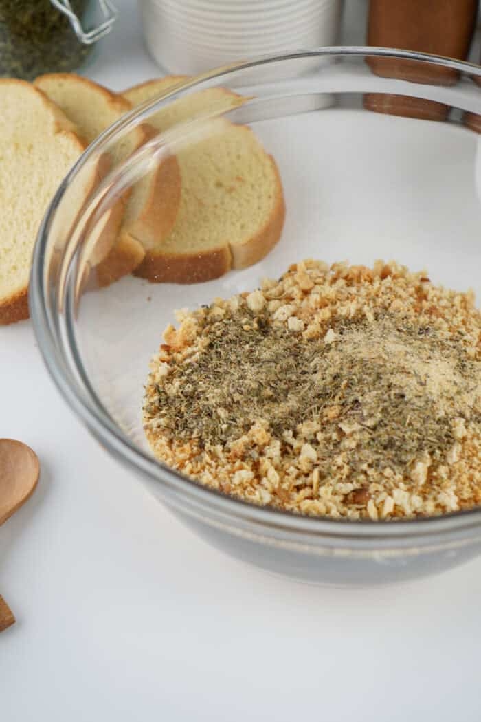 Homemade bread crumbs and seasonings in a bowl
