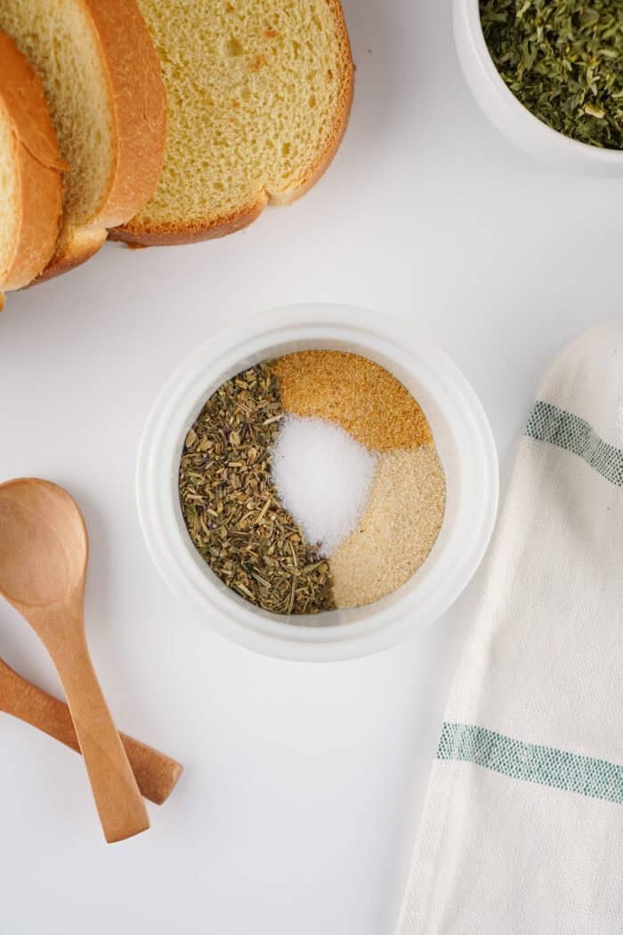 Overhead view of a bowl of seasonings