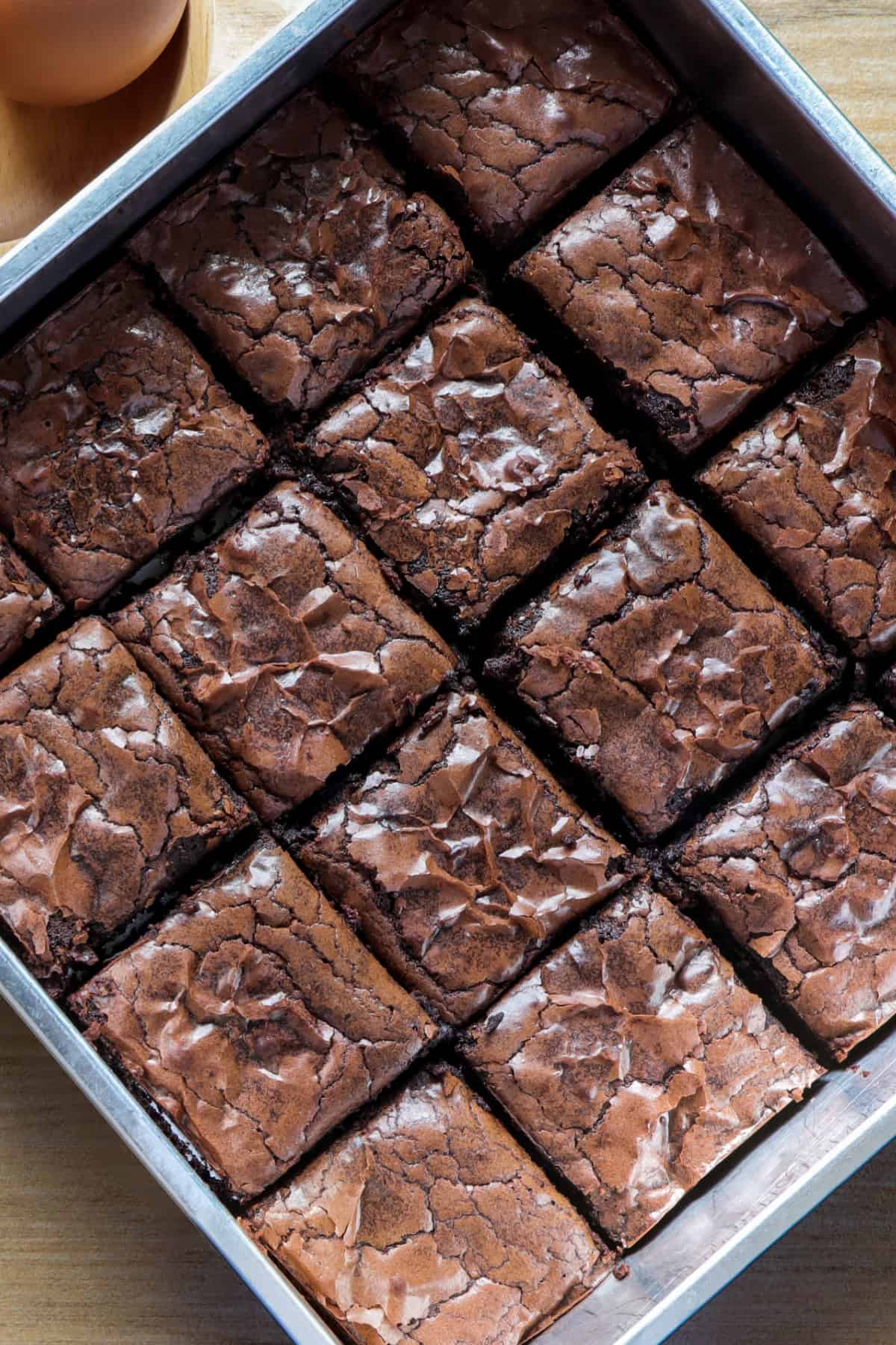 Baked brownies in a pan cut into squares