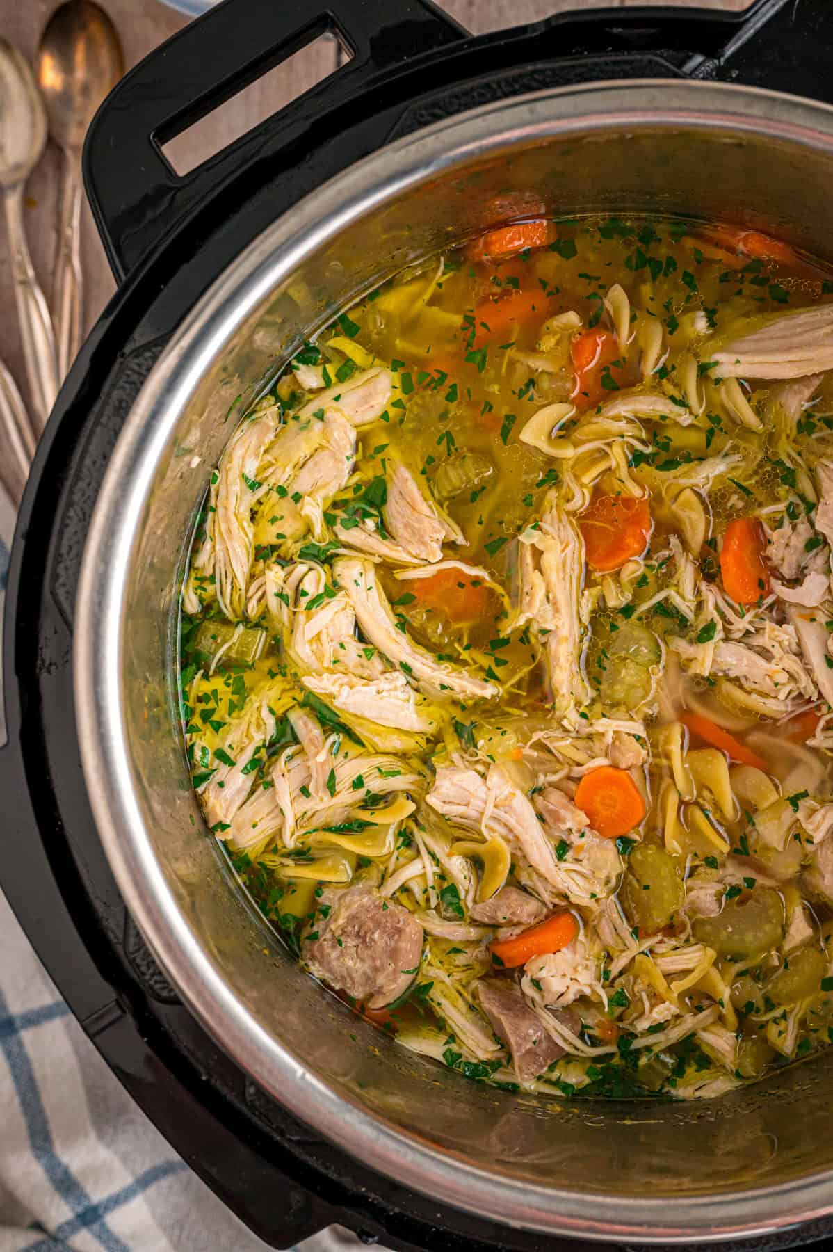 Overhead view of chicken noodle soup in the Instant Pot