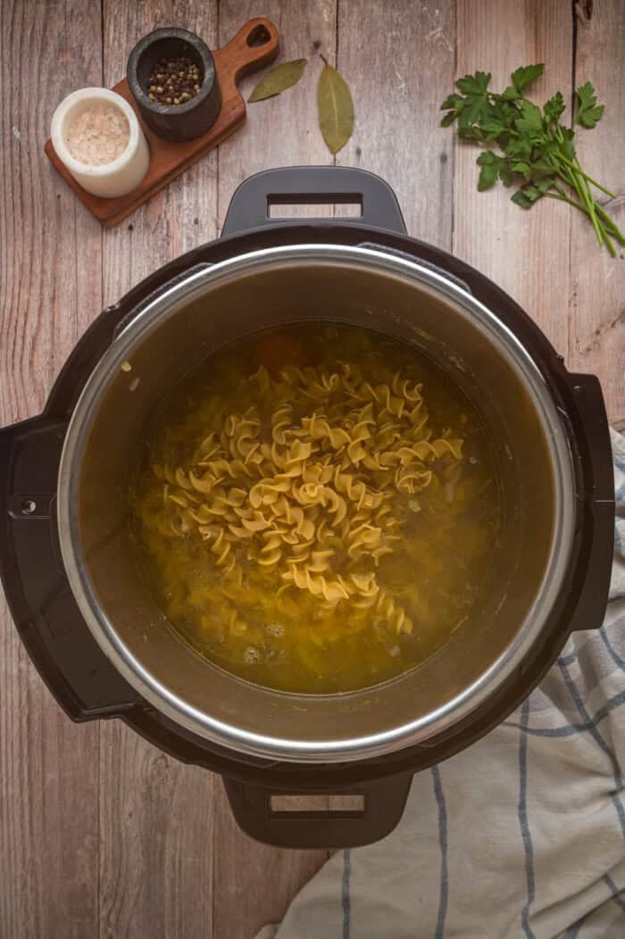 With egg noodles, shredded chicken, carrots, and celery, this Instant Pot Chicken Noodle Soup is classic comfort food made quick and easy. Egg noodles in broth in the Instant Pot