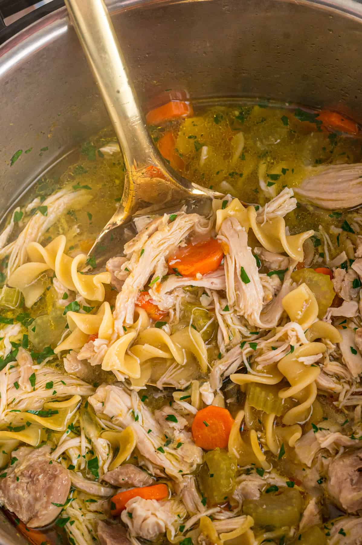 With egg noodles, shredded chicken, carrots, and celery, this Instant Pot Chicken Noodle Soup is classic comfort food made quick and easy. A ladle stirring Instant Pot chicken noodle soup