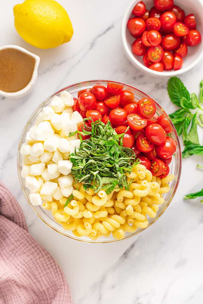 Fresh mozzarella, tomatoes, basil, and pasta are tossed with a lemony vinaigrette in this Caprese Pasta Salad. Halved cherry tomatoes, mozzarella, basil, and pasta in a bowl