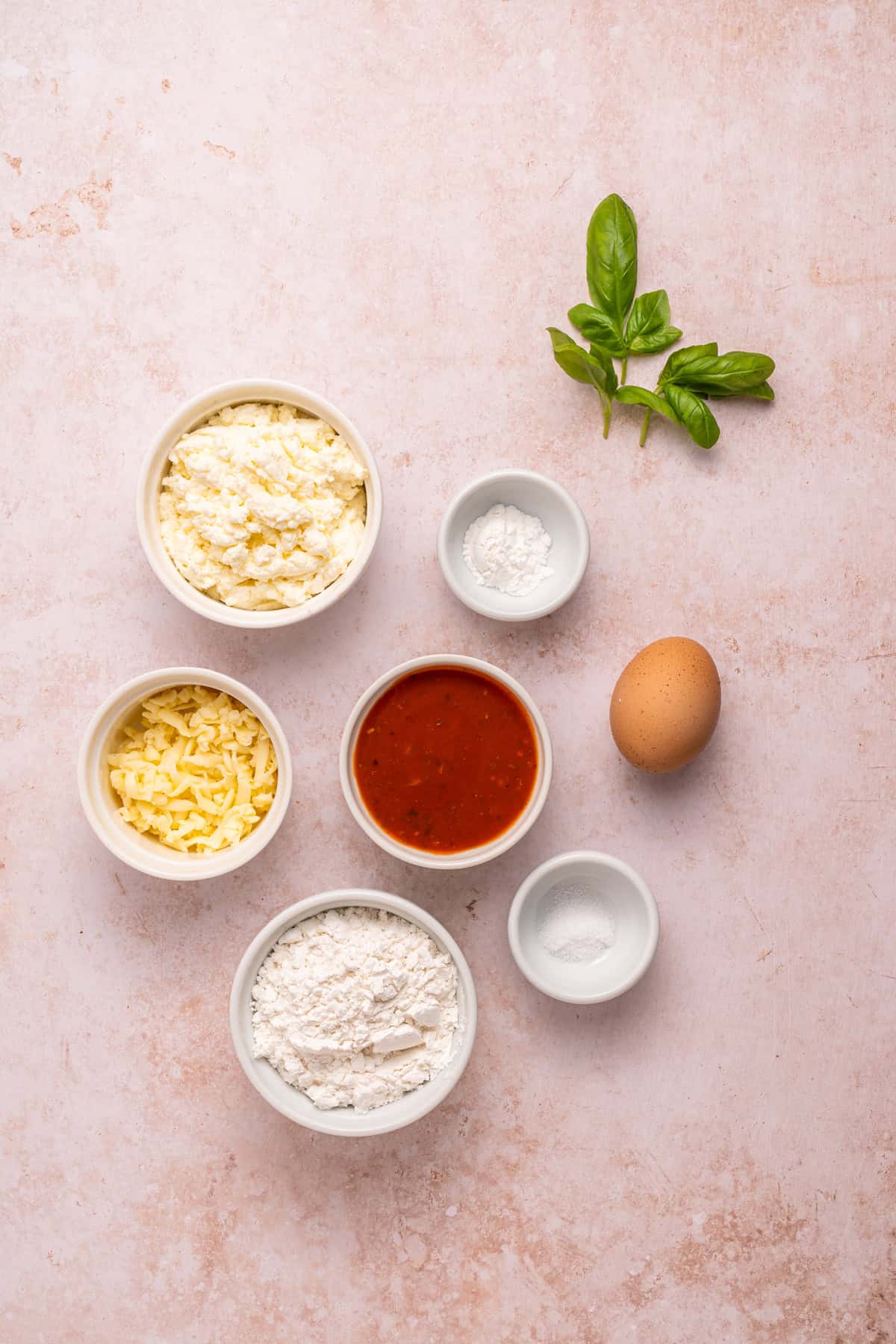 Overhead view of ingredients needed to make cottage cheese pizza crust