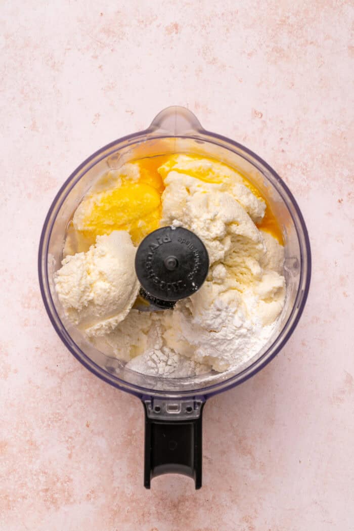 Cottage cheese, egg, and baking powder in a food processor