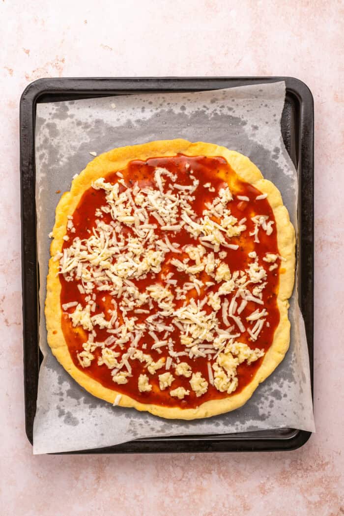 Pizza sauce and cheese on a cottage cheese crust