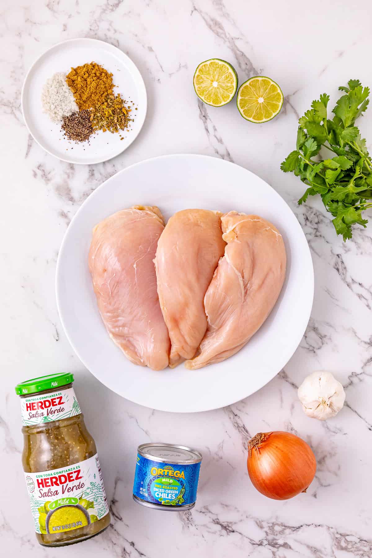 Chicken breast is slow cooked in salsa verde then shredded to make this Crockpot Salsa Verde Chicken. Easy dinner idea! Overhead view of ingredients needed to make salsa verde chicken