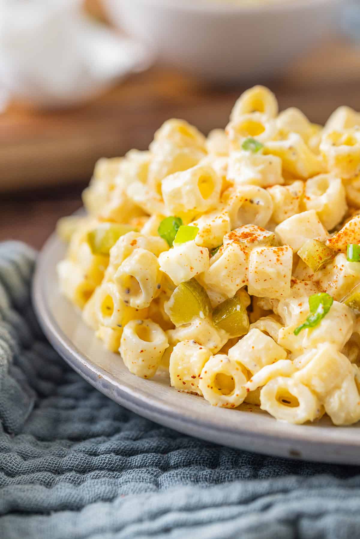 A heaping plate of deviled egg pasta salad