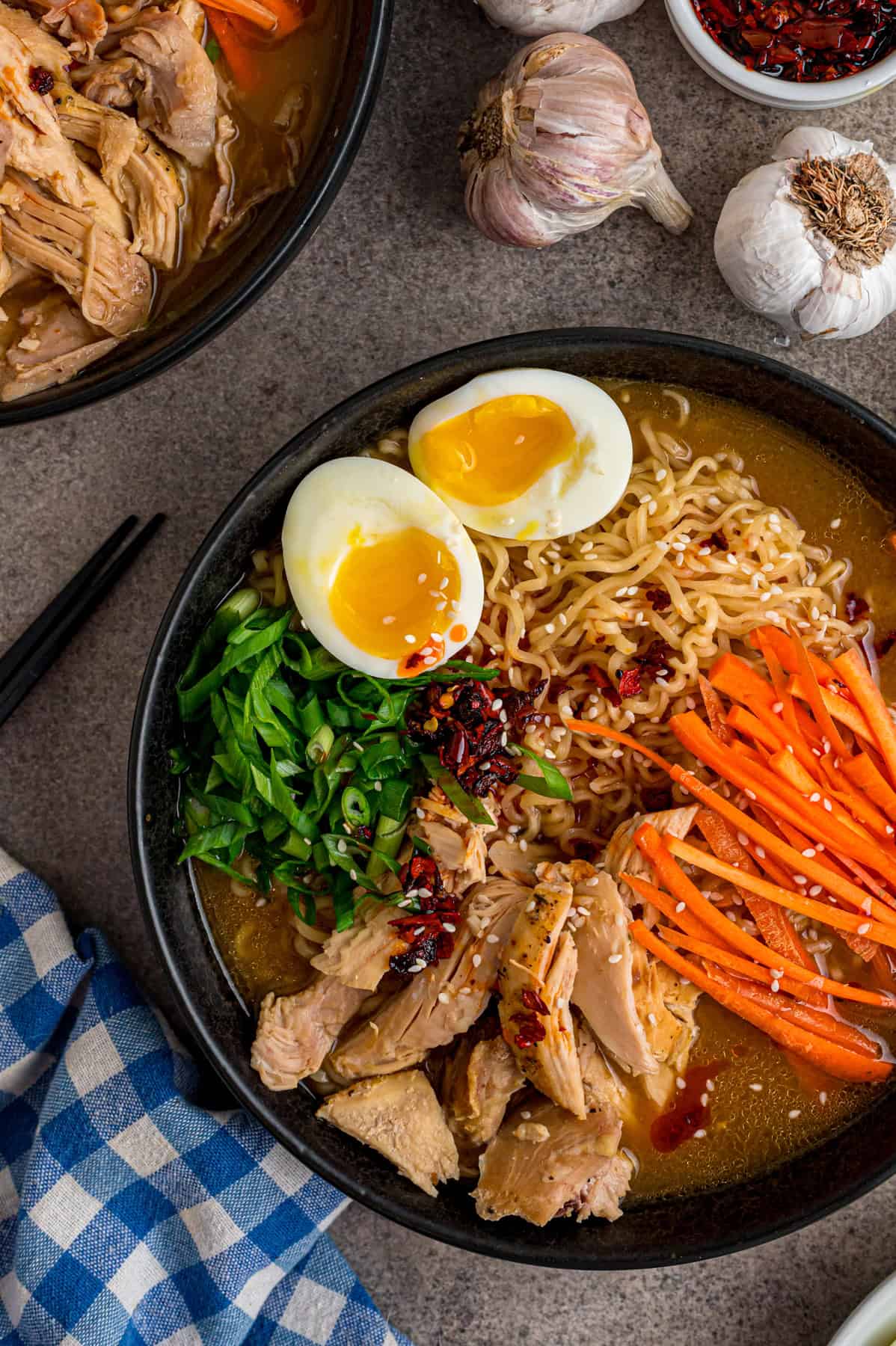 Overhead view of a bowl of chicken ramen