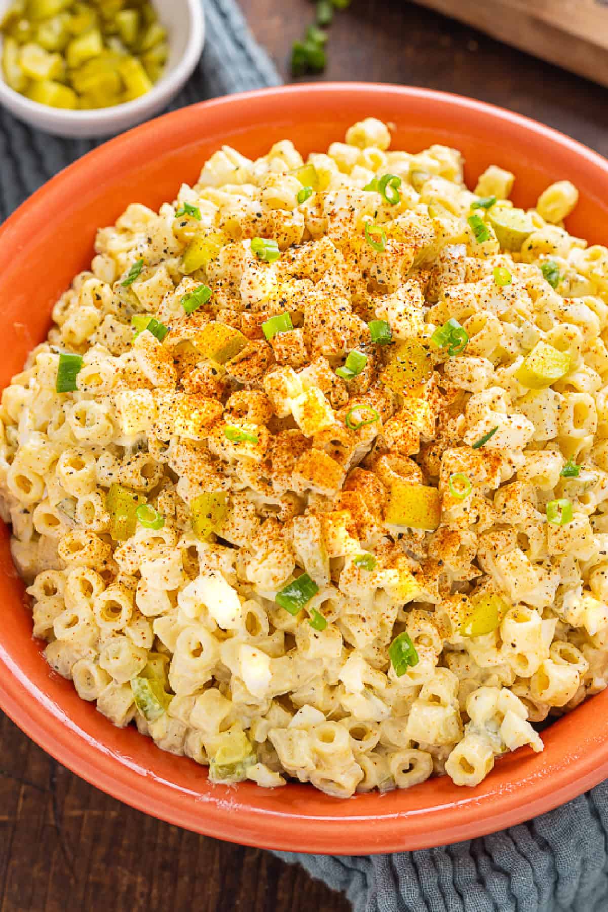 top view of Deviled Egg Pasta Salad in a serving bowl