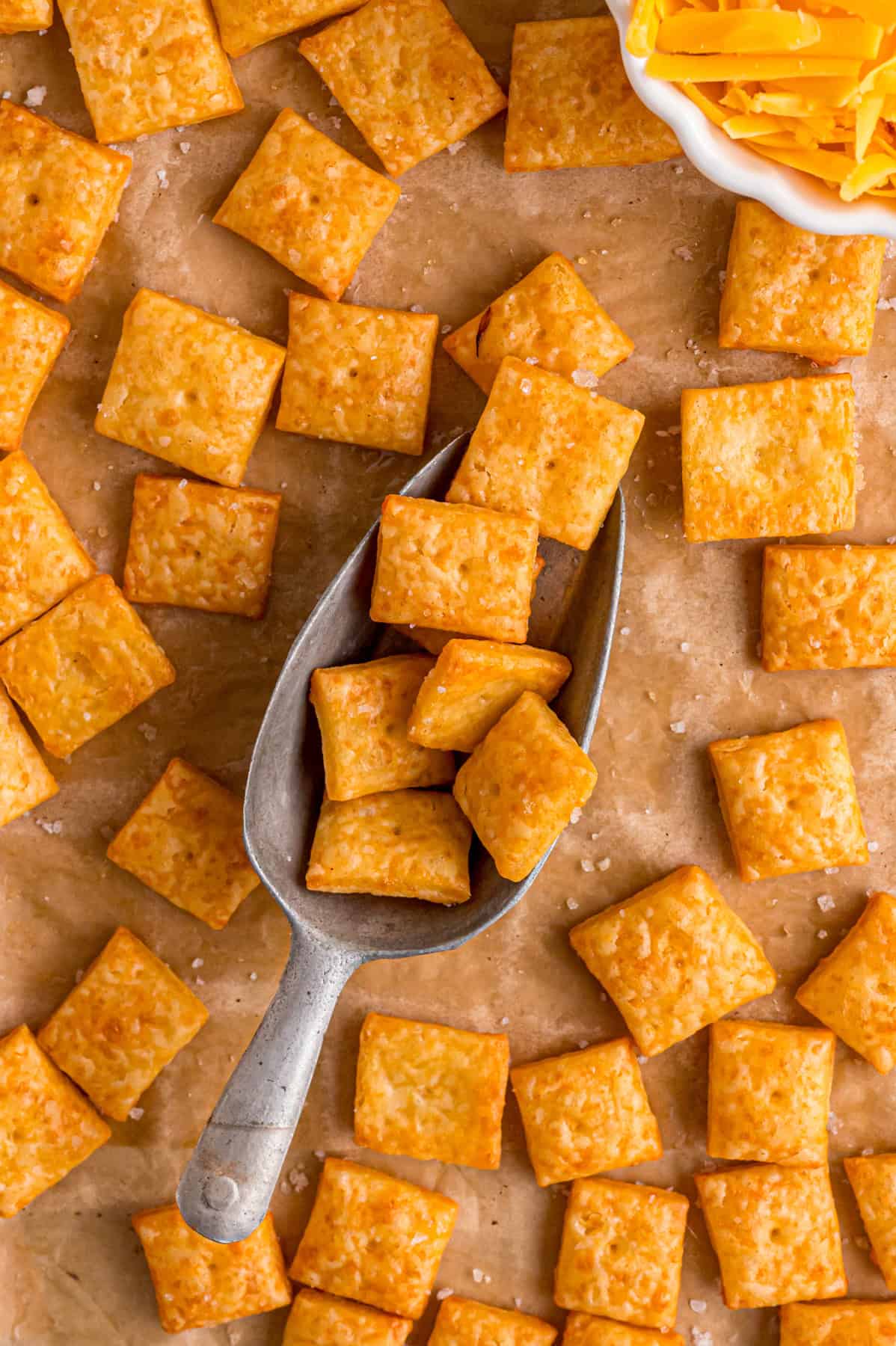 Homemade Cheez Its on a scoop on a baking sheet