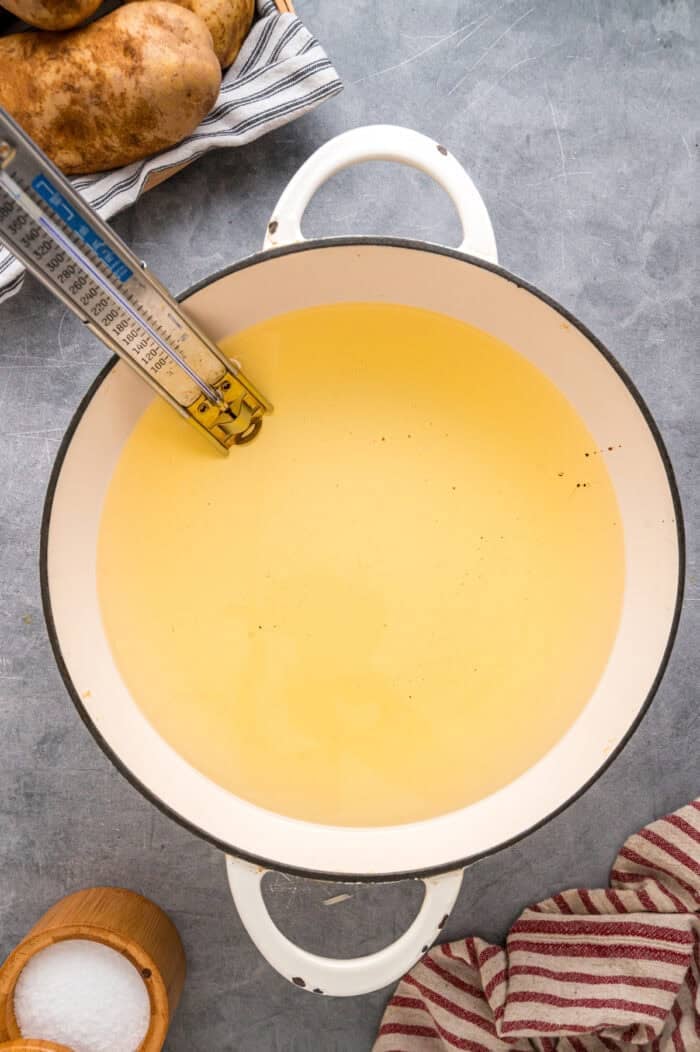 Made with just 3 ingredients, these Shoestring Fries are long, thin, and fry in just a few minutes. Serve with your favorite dipping sauces. A vat of oil for deep frying