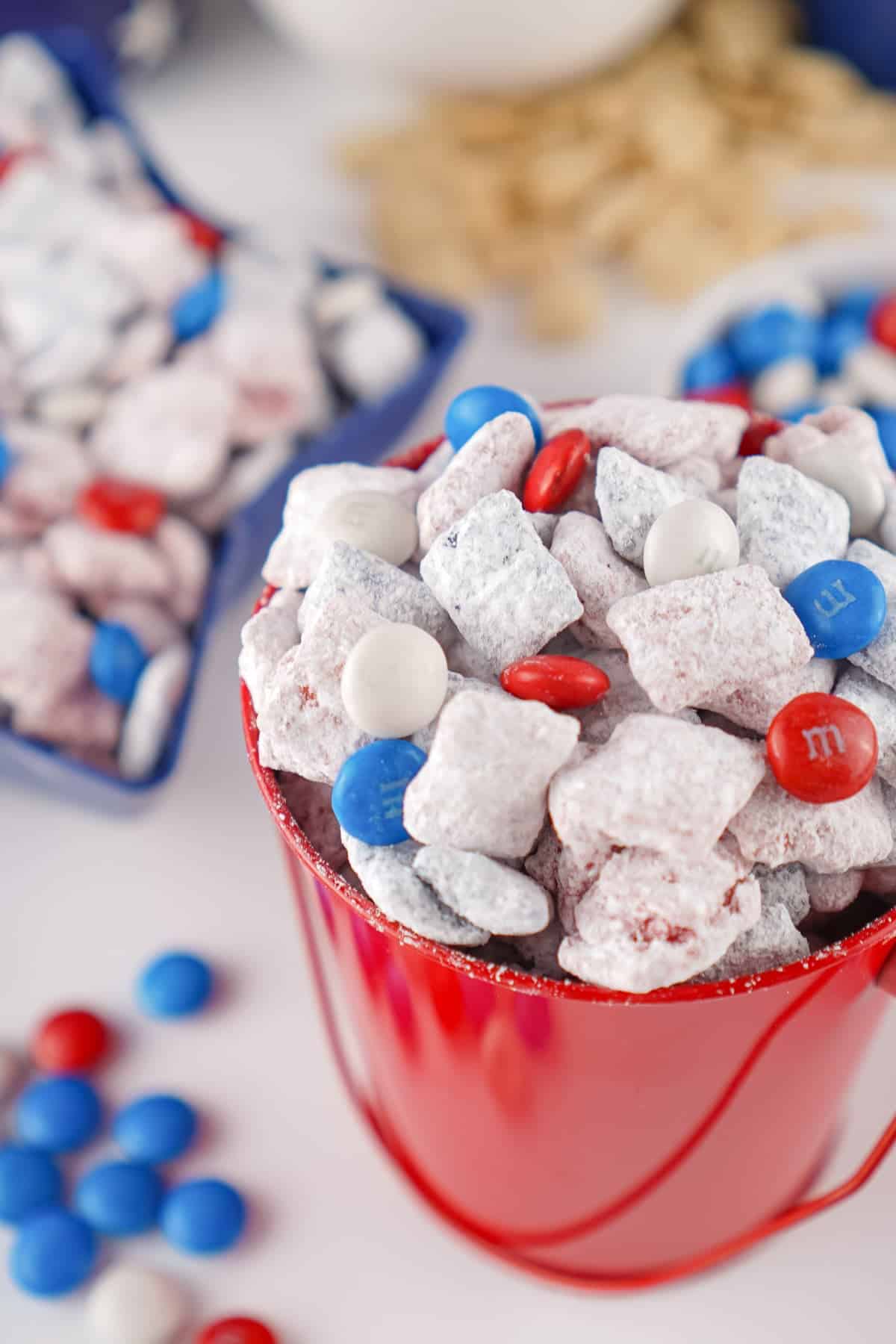 4th of July Snack Mix in a bucket
